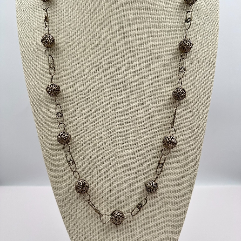 Vintage 80s Silver Tone Filigree Mesh Ball Link Chain Necklace Boho Jewelry